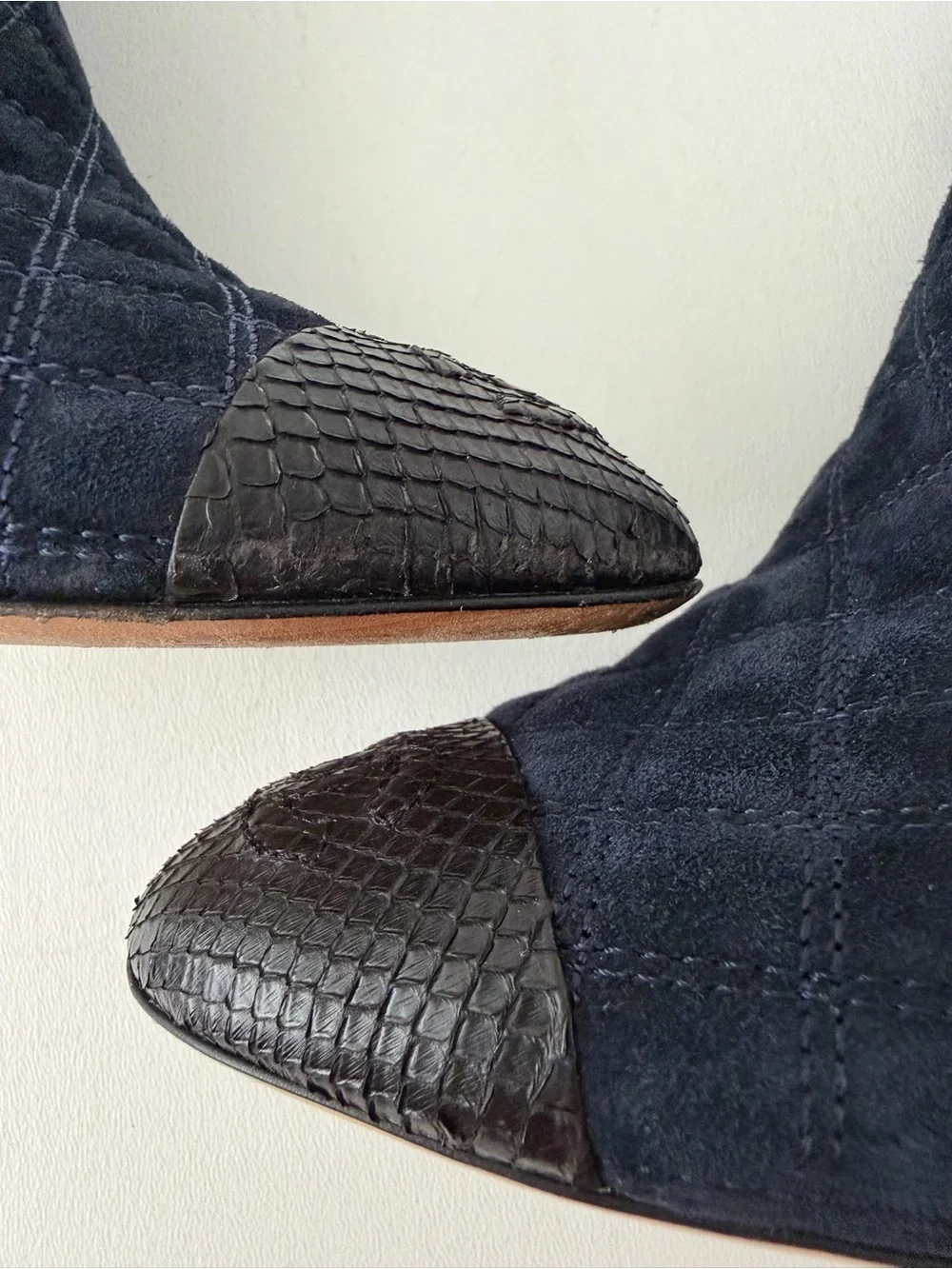 CHANEL | Quilted Suede CC Python Cap Toe Camellia Navy Black Booties EU 37.5